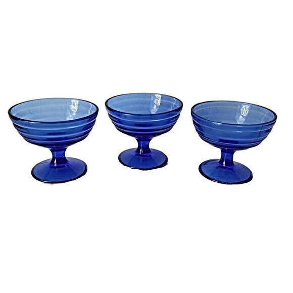 7 Piece Vintage Moderntone Blue Sherbet Set 1930's Dessert Dish Hazel Atlas - Picture 2 of 5